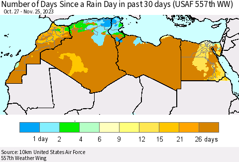 North Africa Number of Days Since a Rain Day in past 30 days (USAF 557th WW) Thematic Map For 11/21/2023 - 11/25/2023
