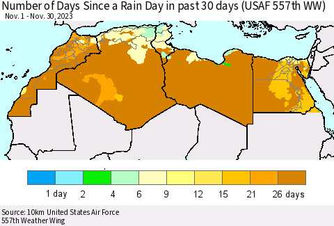 North Africa Number of Days Since a Rain Day in past 30 days (USAF 557th WW) Thematic Map For 11/26/2023 - 11/30/2023