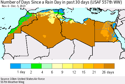 North Africa Number of Days Since a Rain Day in past 30 days (USAF 557th WW) Thematic Map For 12/1/2023 - 12/5/2023