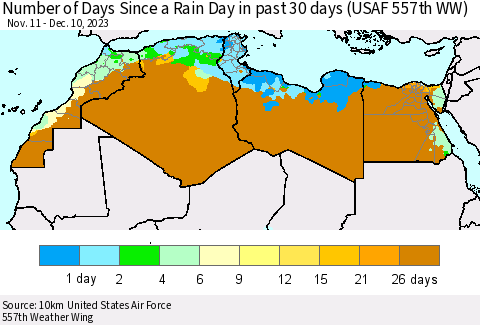 North Africa Number of Days Since a Rain Day in past 30 days (USAF 557th WW) Thematic Map For 12/6/2023 - 12/10/2023