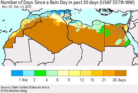 North Africa Number of Days Since a Rain Day in past 30 days (USAF 557th WW) Thematic Map For 12/11/2023 - 12/15/2023