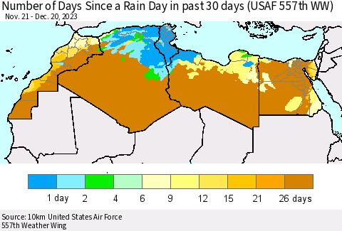 North Africa Number of Days Since a Rain Day in past 30 days (USAF 557th WW) Thematic Map For 12/16/2023 - 12/20/2023