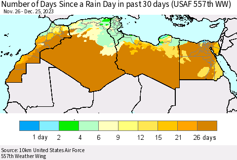North Africa Number of Days Since a Rain Day in past 30 days (USAF 557th WW) Thematic Map For 12/21/2023 - 12/25/2023