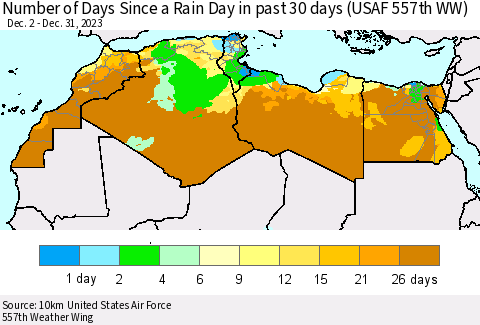 North Africa Number of Days Since a Rain Day in past 30 days (USAF 557th WW) Thematic Map For 12/26/2023 - 12/31/2023