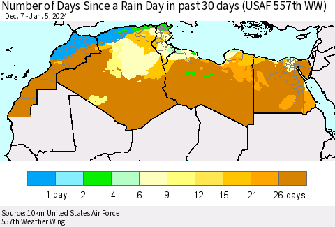 North Africa Number of Days Since a Rain Day in past 30 days (USAF 557th WW) Thematic Map For 1/1/2024 - 1/5/2024