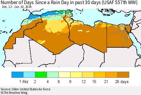 North Africa Number of Days Since a Rain Day in past 30 days (USAF 557th WW) Thematic Map For 1/6/2024 - 1/10/2024