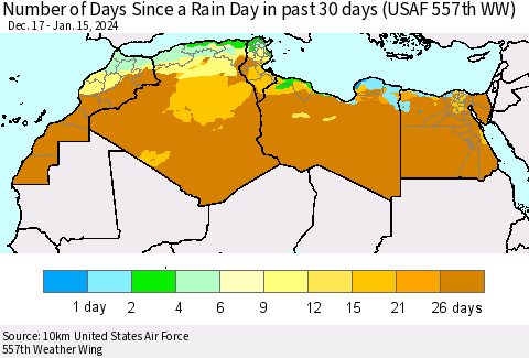North Africa Number of Days Since a Rain Day in past 30 days (USAF 557th WW) Thematic Map For 1/11/2024 - 1/15/2024