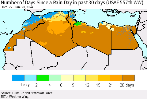 North Africa Number of Days Since a Rain Day in past 30 days (USAF 557th WW) Thematic Map For 1/16/2024 - 1/20/2024