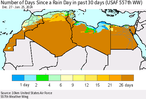 North Africa Number of Days Since a Rain Day in past 30 days (USAF 557th WW) Thematic Map For 1/21/2024 - 1/25/2024