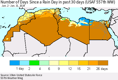 North Africa Number of Days Since a Rain Day in past 30 days (USAF 557th WW) Thematic Map For 1/26/2024 - 1/31/2024