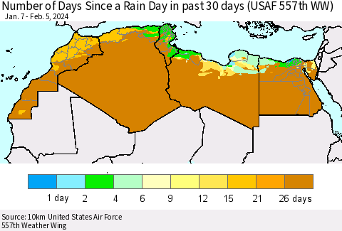 North Africa Number of Days Since a Rain Day in past 30 days (USAF 557th WW) Thematic Map For 2/1/2024 - 2/5/2024