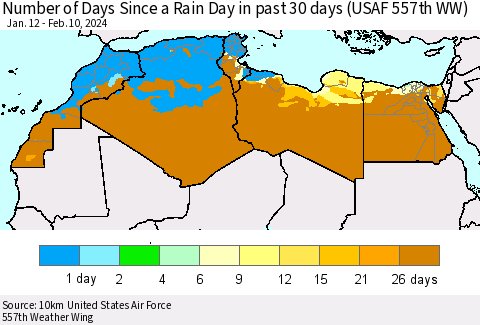 North Africa Number of Days Since a Rain Day in past 30 days (USAF 557th WW) Thematic Map For 2/6/2024 - 2/10/2024