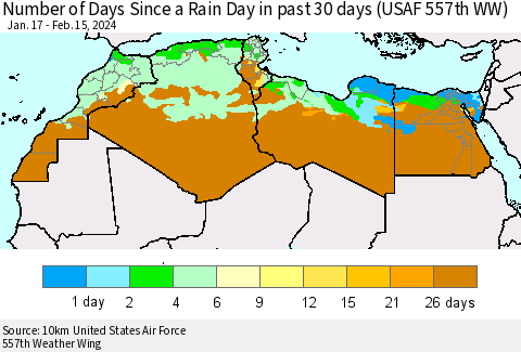 North Africa Number of Days Since a Rain Day in past 30 days (USAF 557th WW) Thematic Map For 2/11/2024 - 2/15/2024