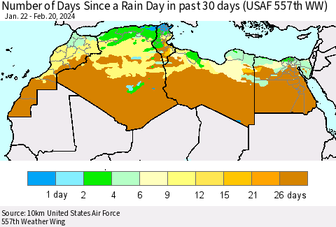 North Africa Number of Days Since a Rain Day in past 30 days (USAF 557th WW) Thematic Map For 2/16/2024 - 2/20/2024