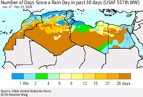 North Africa Number of Days Since a Rain Day in past 30 days (USAF 557th WW) Thematic Map For 2/21/2024 - 2/25/2024