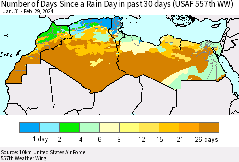 North Africa Number of Days Since a Rain Day in past 30 days (USAF 557th WW) Thematic Map For 2/26/2024 - 2/29/2024