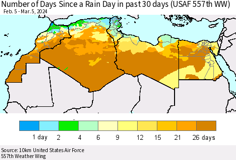 North Africa Number of Days Since a Rain Day in past 30 days (USAF 557th WW) Thematic Map For 3/1/2024 - 3/5/2024
