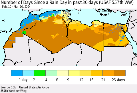 North Africa Number of Days Since a Rain Day in past 30 days (USAF 557th WW) Thematic Map For 3/6/2024 - 3/10/2024