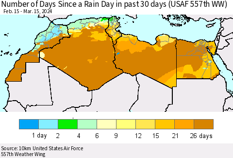 North Africa Number of Days Since a Rain Day in past 30 days (USAF 557th WW) Thematic Map For 3/11/2024 - 3/15/2024