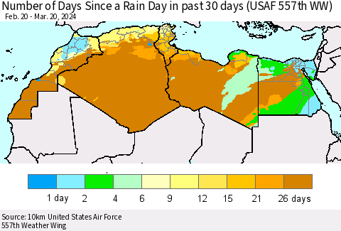 North Africa Number of Days Since a Rain Day in past 30 days (USAF 557th WW) Thematic Map For 3/16/2024 - 3/20/2024