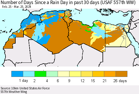 North Africa Number of Days Since a Rain Day in past 30 days (USAF 557th WW) Thematic Map For 3/21/2024 - 3/25/2024