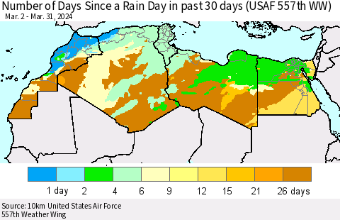 North Africa Number of Days Since a Rain Day in past 30 days (USAF 557th WW) Thematic Map For 3/26/2024 - 3/31/2024