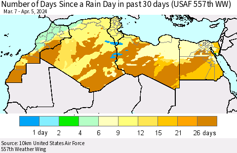 North Africa Number of Days Since a Rain Day in past 30 days (USAF 557th WW) Thematic Map For 4/1/2024 - 4/5/2024