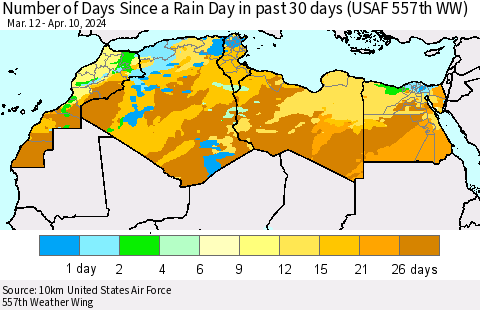 North Africa Number of Days Since a Rain Day in past 30 days (USAF 557th WW) Thematic Map For 4/6/2024 - 4/10/2024