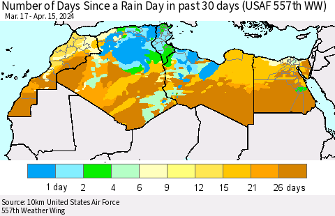 North Africa Number of Days Since a Rain Day in past 30 days (USAF 557th WW) Thematic Map For 4/11/2024 - 4/15/2024