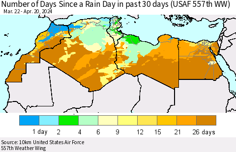 North Africa Number of Days Since a Rain Day in past 30 days (USAF 557th WW) Thematic Map For 4/16/2024 - 4/20/2024