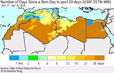North Africa Number of Days Since a Rain Day in past 30 days (USAF 557th WW) Thematic Map For 4/21/2024 - 4/25/2024