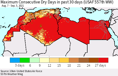 North Africa Maximum Consecutive Dry Days in past 30 days (USAF 557th WW) 09/05/2021 Thematic Map For 9/1/2021 - 9/5/2021