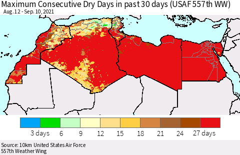 North Africa Maximum Consecutive Dry Days in past 30 days (USAF 557th WW) 09/10/2021 Thematic Map For 9/6/2021 - 9/10/2021