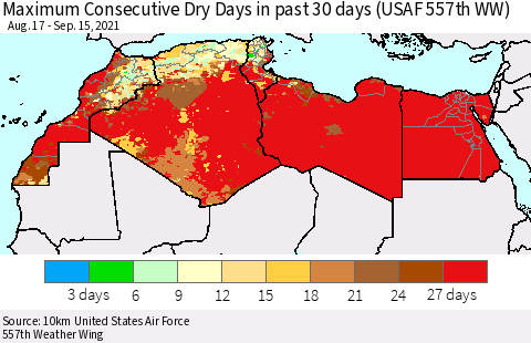 North Africa Maximum Consecutive Dry Days in past 30 days (USAF 557th WW) 09/15/2021 Thematic Map For 9/11/2021 - 9/15/2021