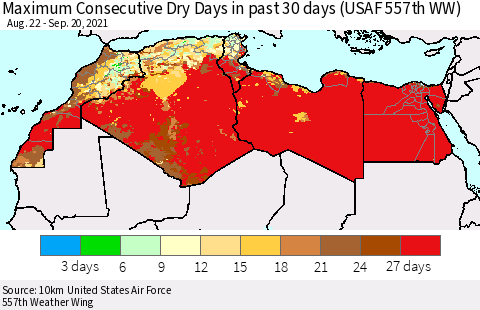 North Africa Maximum Consecutive Dry Days in past 30 days (USAF 557th WW) 09/20/2021 Thematic Map For 9/16/2021 - 9/20/2021