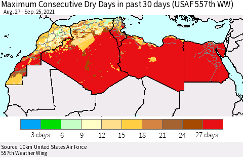 North Africa Maximum Consecutive Dry Days in past 30 days (USAF 557th WW) 09/25/2021 Thematic Map For 9/21/2021 - 9/25/2021