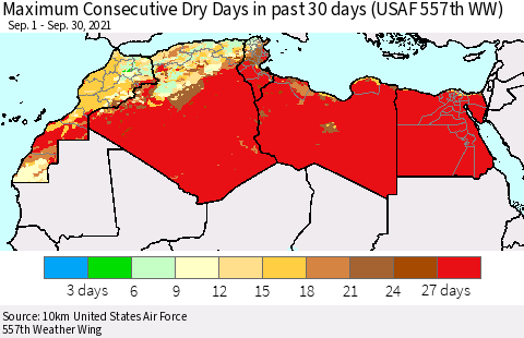 North Africa Maximum Consecutive Dry Days in past 30 days (USAF 557th WW) 09/30/2021 Thematic Map For 9/26/2021 - 9/30/2021
