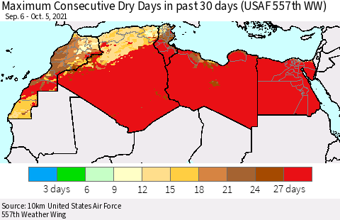 North Africa Maximum Consecutive Dry Days in past 30 days (USAF 557th WW) 10/05/2021 Thematic Map For 10/1/2021 - 10/5/2021