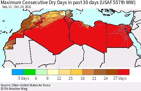 North Africa Maximum Consecutive Dry Days in past 30 days (USAF 557th WW) 10/10/2021 Thematic Map For 10/6/2021 - 10/10/2021