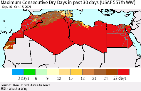 North Africa Maximum Consecutive Dry Days in past 30 days (USAF 557th WW) 10/15/2021 Thematic Map For 10/11/2021 - 10/15/2021