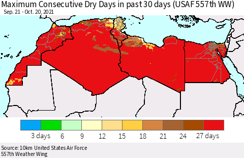 North Africa Maximum Consecutive Dry Days in past 30 days (USAF 557th WW) 10/20/2021 Thematic Map For 10/16/2021 - 10/20/2021