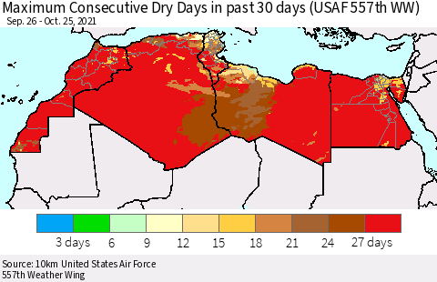 North Africa Maximum Consecutive Dry Days in past 30 days (USAF 557th WW) 10/25/2021 Thematic Map For 10/21/2021 - 10/25/2021