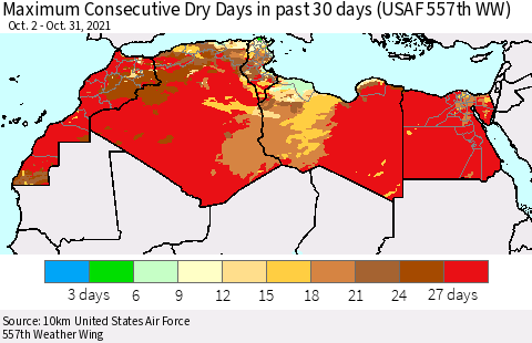 North Africa Maximum Consecutive Dry Days in past 30 days (USAF 557th WW) 10/31/2021 Thematic Map For 10/26/2021 - 10/31/2021
