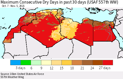 North Africa Maximum Consecutive Dry Days in past 30 days (USAF 557th WW) 11/05/2021 Thematic Map For 11/1/2021 - 11/5/2021
