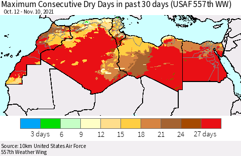 North Africa Maximum Consecutive Dry Days in past 30 days (USAF 557th WW) 11/10/2021 Thematic Map For 11/6/2021 - 11/10/2021