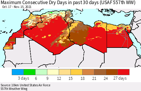 North Africa Maximum Consecutive Dry Days in past 30 days (USAF 557th WW) 11/15/2021 Thematic Map For 11/11/2021 - 11/15/2021