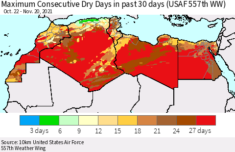 North Africa Maximum Consecutive Dry Days in past 30 days (USAF 557th WW) 11/20/2021 Thematic Map For 11/16/2021 - 11/20/2021