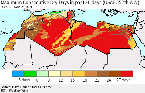 North Africa Maximum Consecutive Dry Days in past 30 days (USAF 557th WW) 11/25/2021 Thematic Map For 11/21/2021 - 11/25/2021