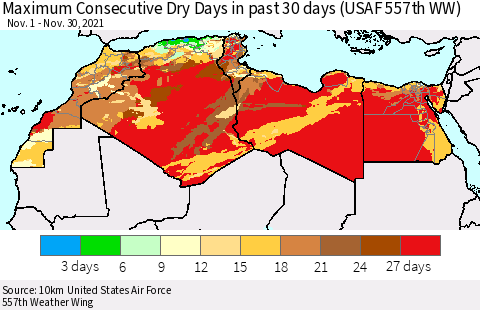 North Africa Maximum Consecutive Dry Days in past 30 days (USAF 557th WW) 11/30/2021 Thematic Map For 11/26/2021 - 11/30/2021