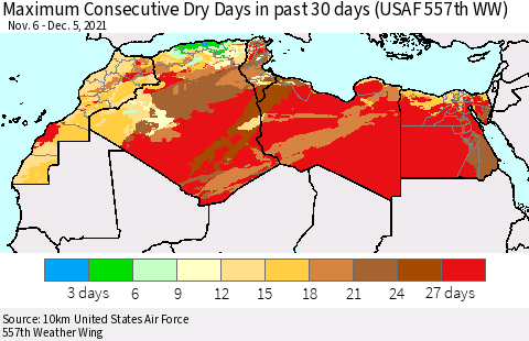North Africa Maximum Consecutive Dry Days in past 30 days (USAF 557th WW) 12/05/2021 Thematic Map For 12/1/2021 - 12/5/2021